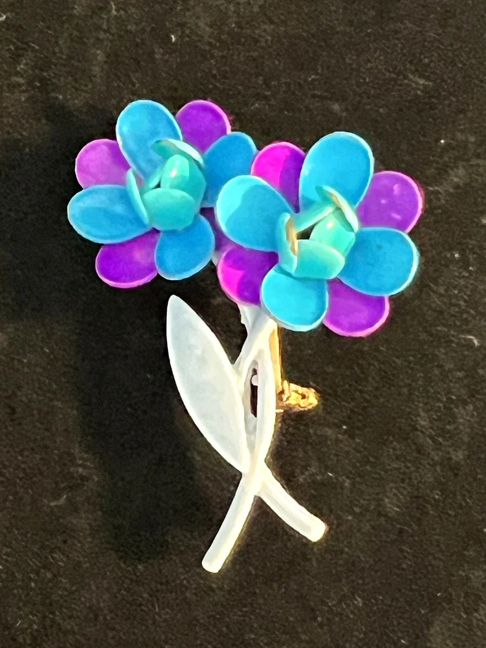 Estate Brooch Purple & Blue Enamel Flower Pin with Baby Blue Stem VTG MCM